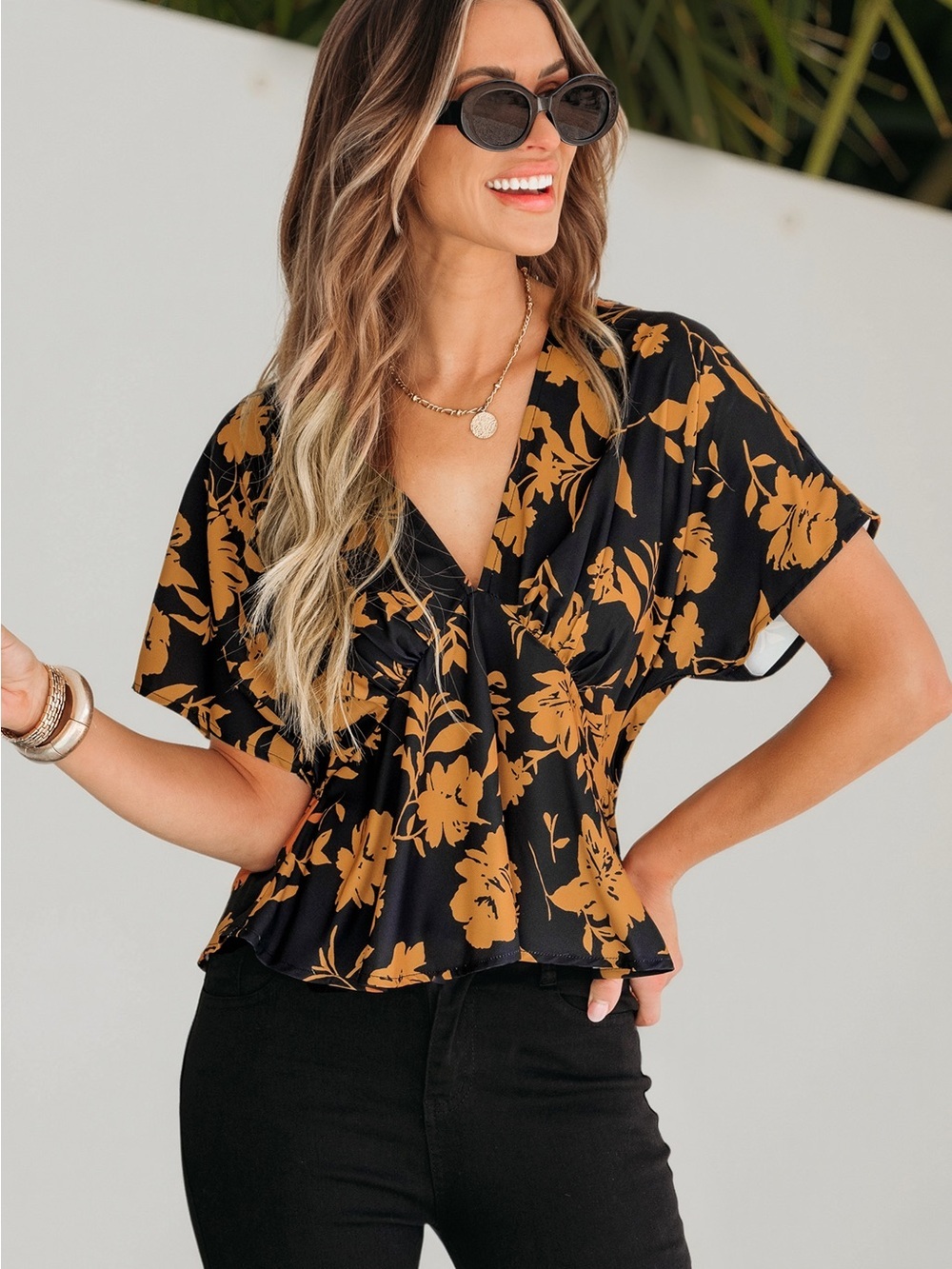 Cupshe Black Top with Mustard Floral Print